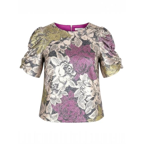 Anthropologie Tops - Anthropologie Marie Floral Sequin Top Pink Size 2 Puff Slve Night Luxe Coquette